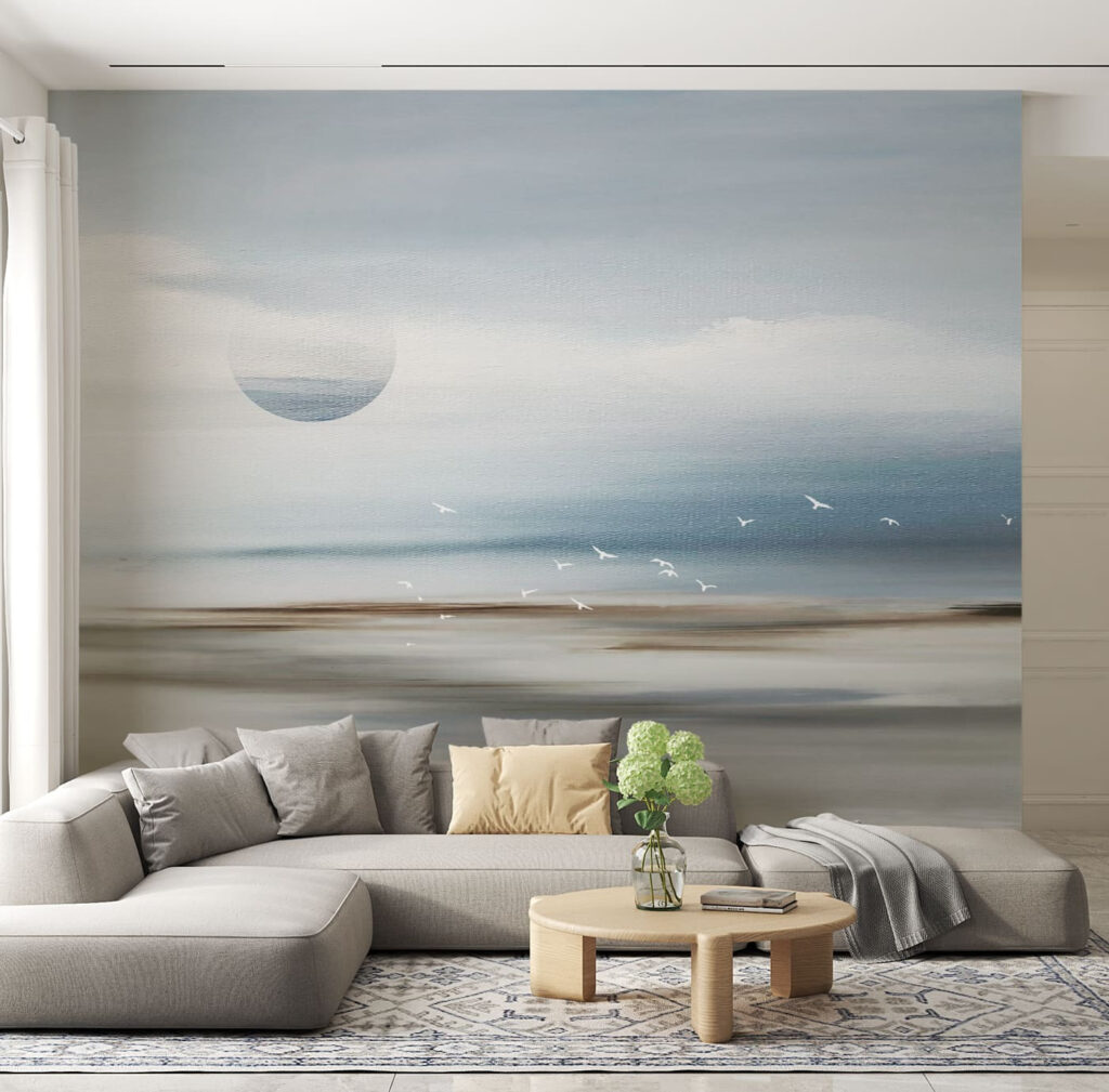 A landscape with birds flying over the horizon A landscape with birds flying over the horizon