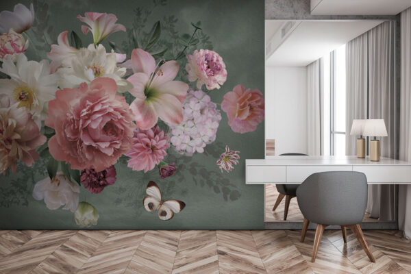 Wall murals Group of flowers with a butterfly (SKU: u95818) Wall murals Wall murals Group of flowers with a butterfly (SKU: u95818)