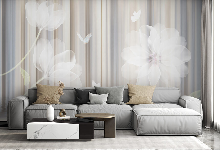 White flowers and butterflies in a room