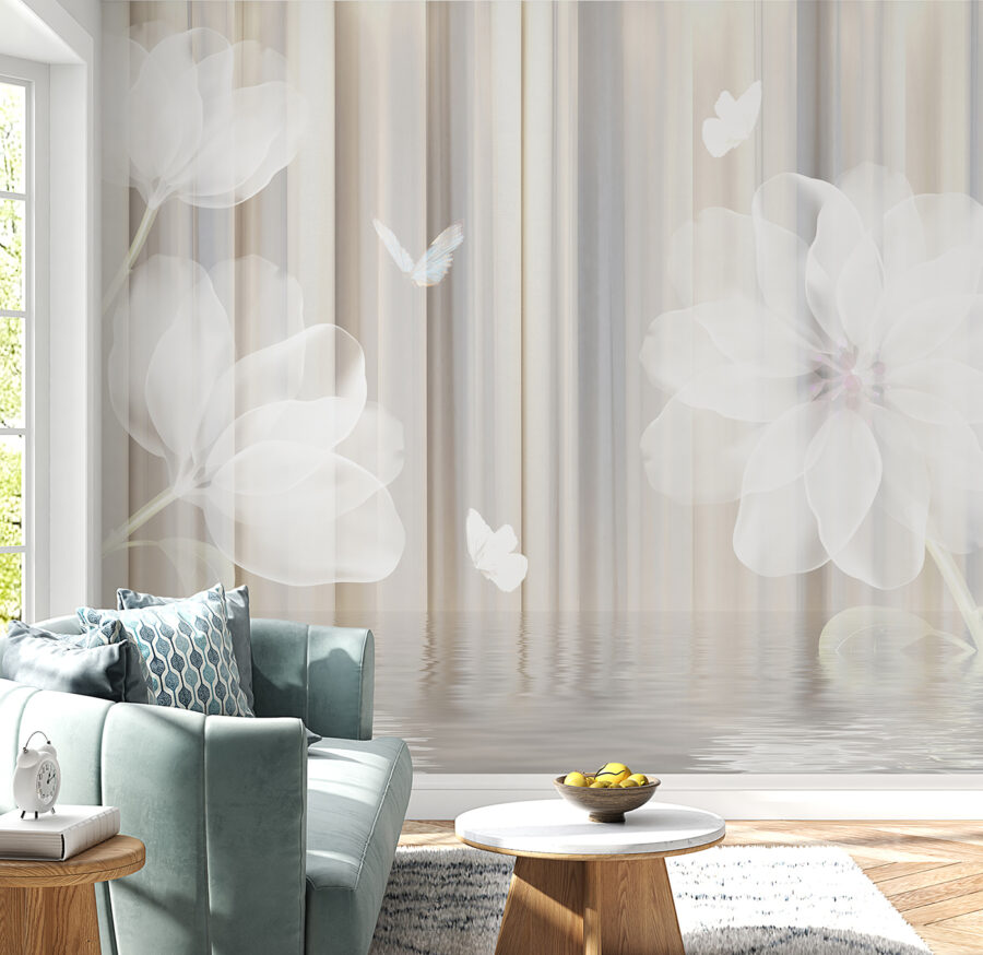 White flowers and butterflies in a room