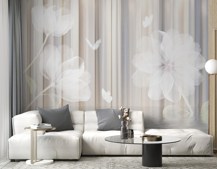 White flowers and butterflies in a room