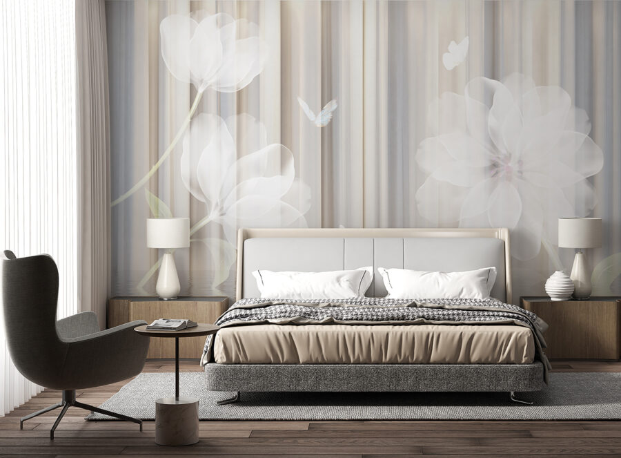 White flowers and butterflies in a room