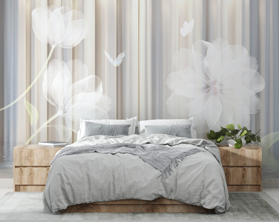 White flowers and butterflies in a room