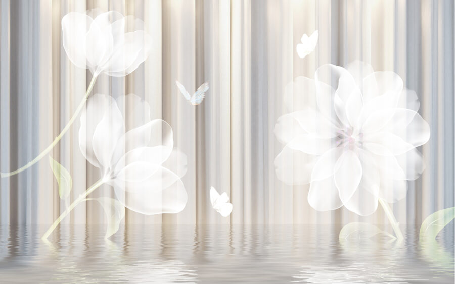 White flowers and butterflies in a room