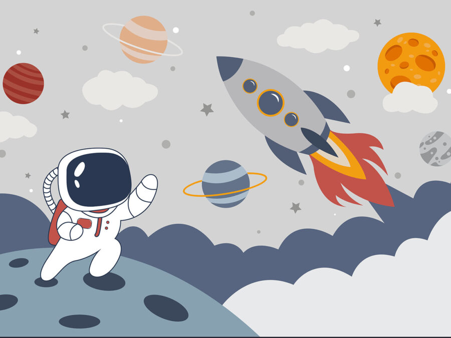 Cartoon an astronaut walking on a planet with a rocket in the sky