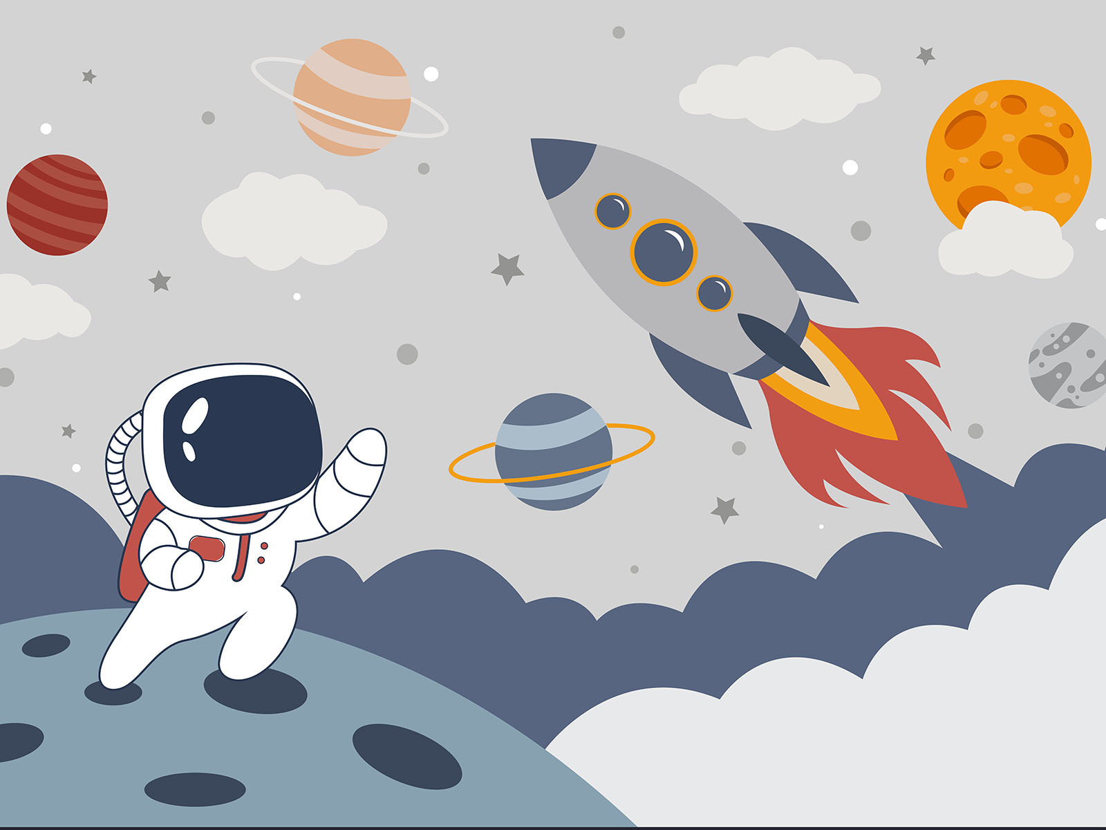Cartoon an astronaut walking on a planet with a rocket in the sky
