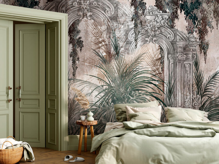 Painting of a stone arch with plants