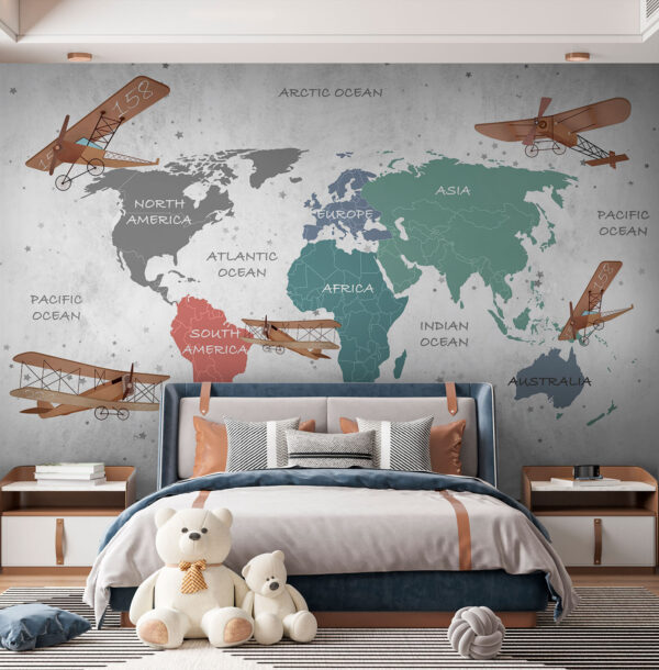 Map of the world with airplanes Wall murals Map of the world with airplanes