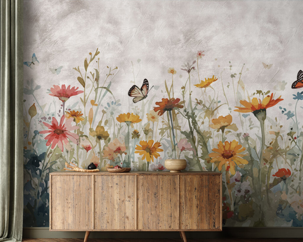 Butterfly flying over a flower field