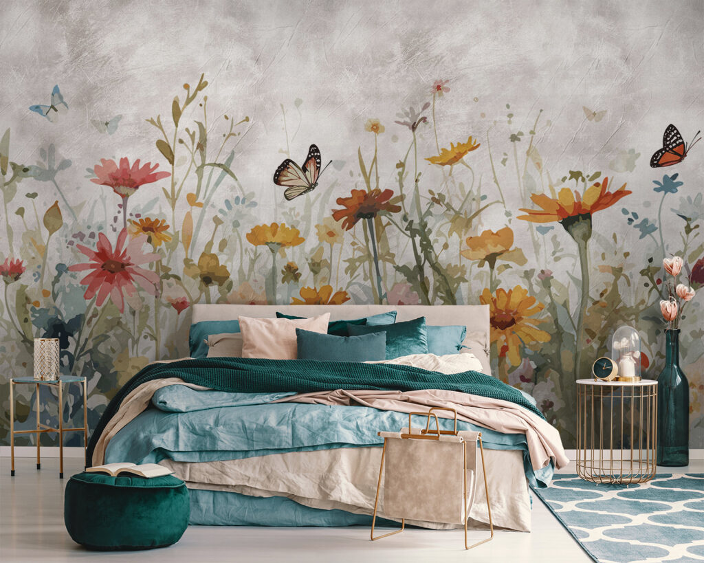 Butterfly flying over a flower field