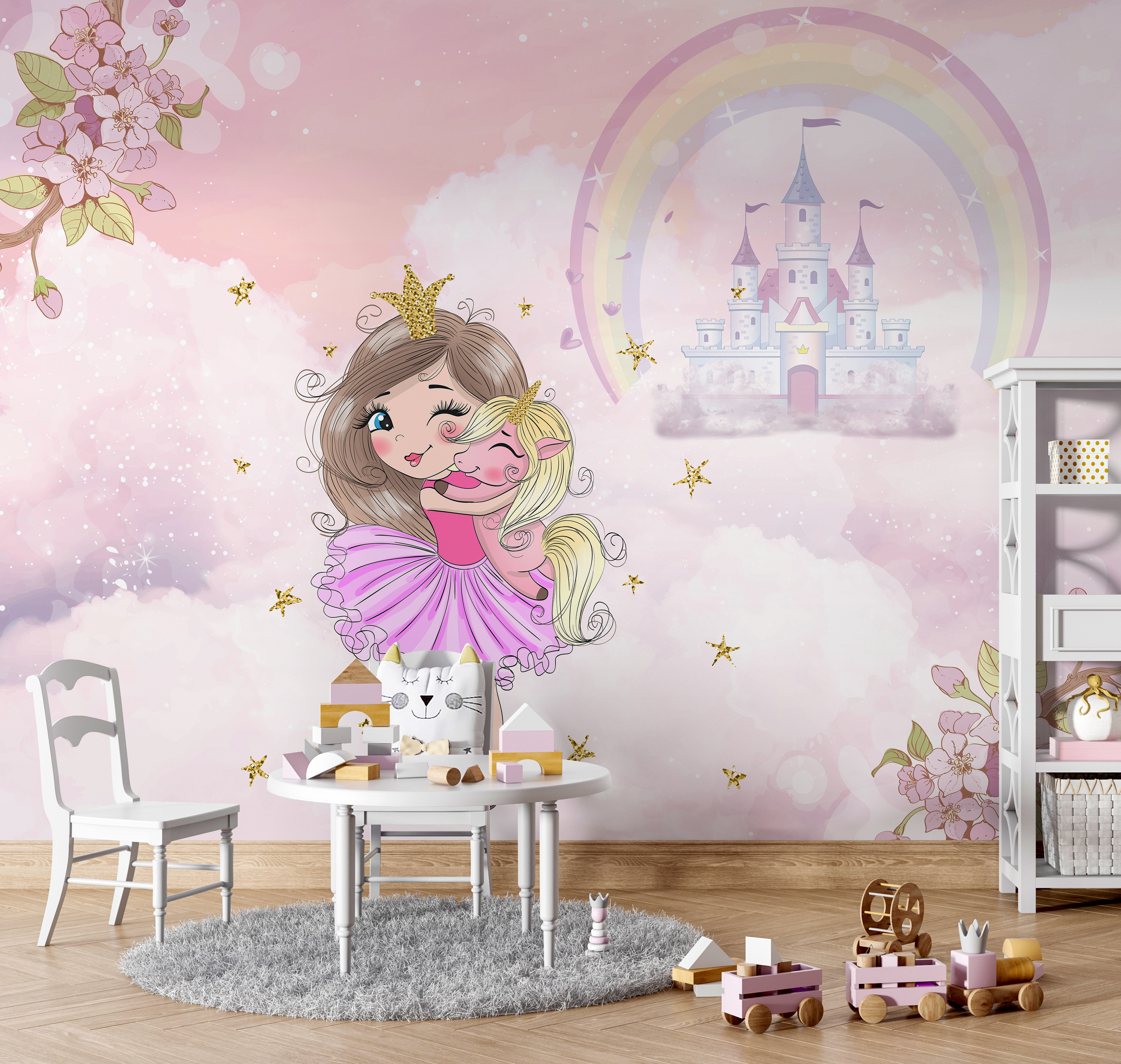 Cartoon of a girl hugging a little girl in a pink dress Cartoon of a girl hugging a little girl in a pink dress