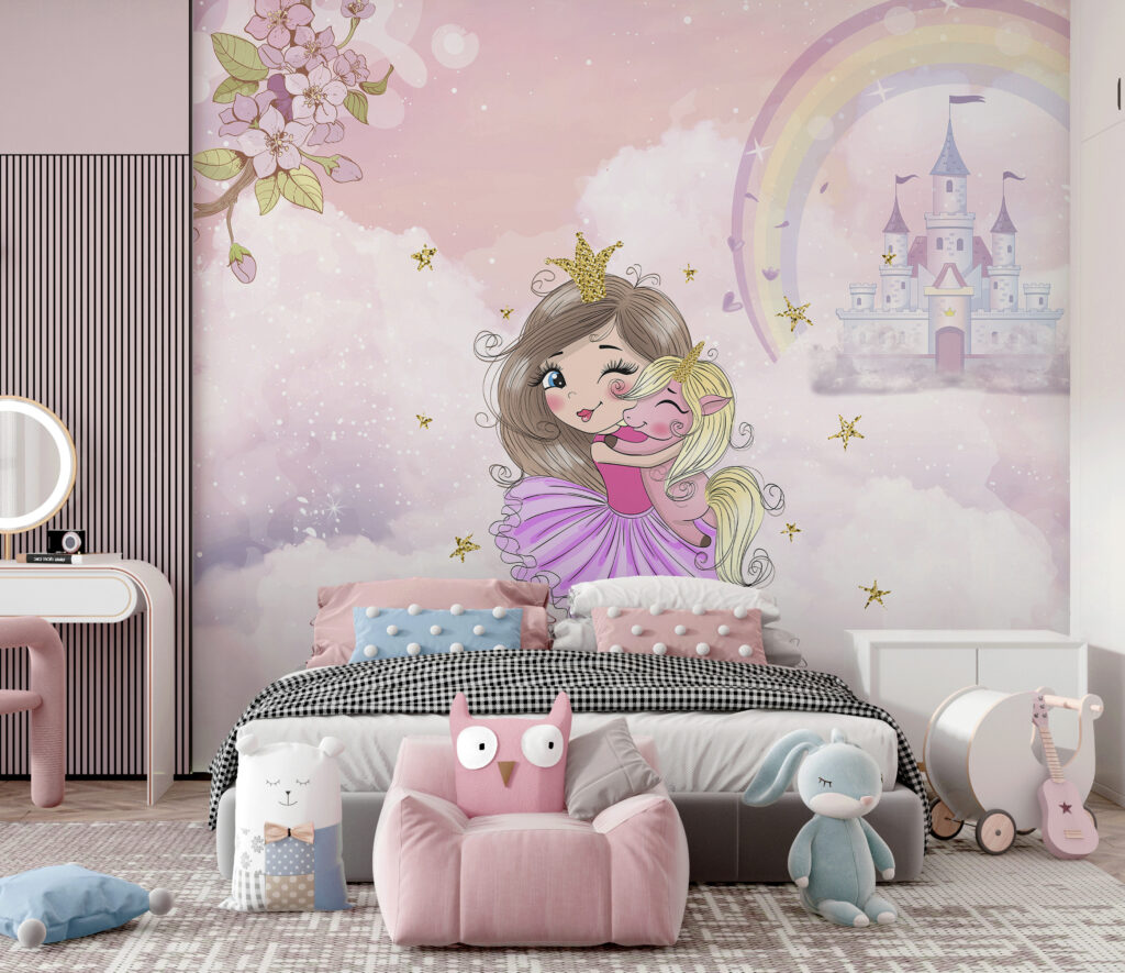 Cartoon of a girl hugging a little girl in a pink dress Cartoon of a girl hugging a little girl in a pink dress