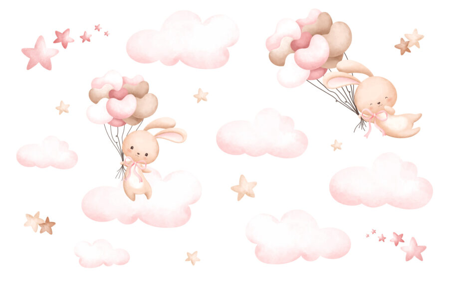 Group of pink clouds and a bunny holding balloons