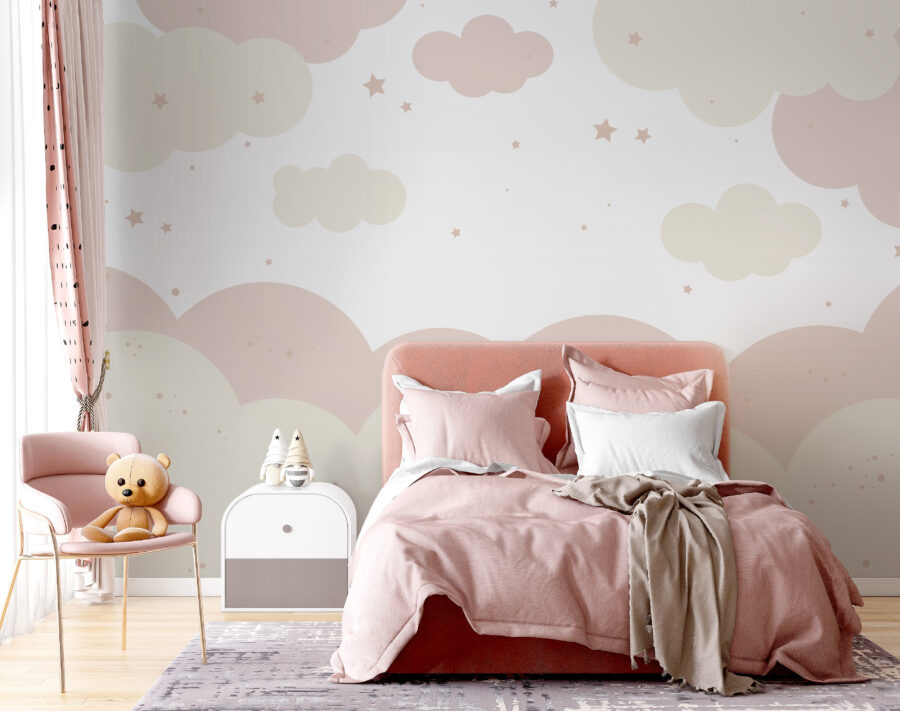 Pink and white clouds and stars