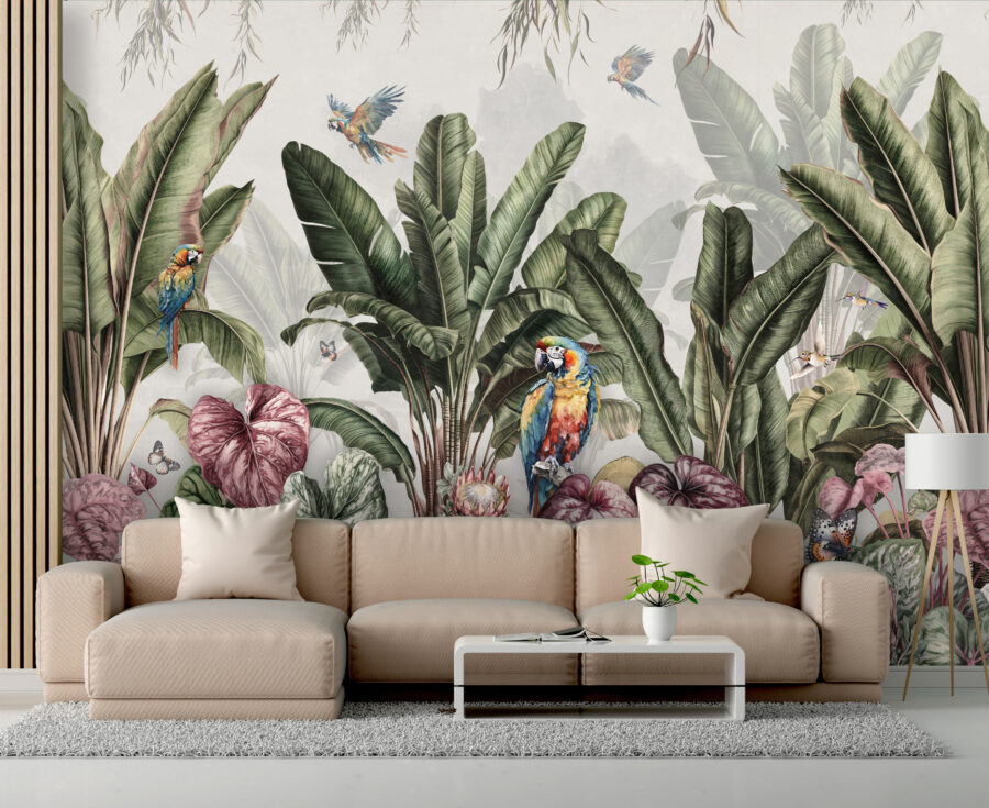 Wall murals Wallpaper with tropical plants and birds - Image 4