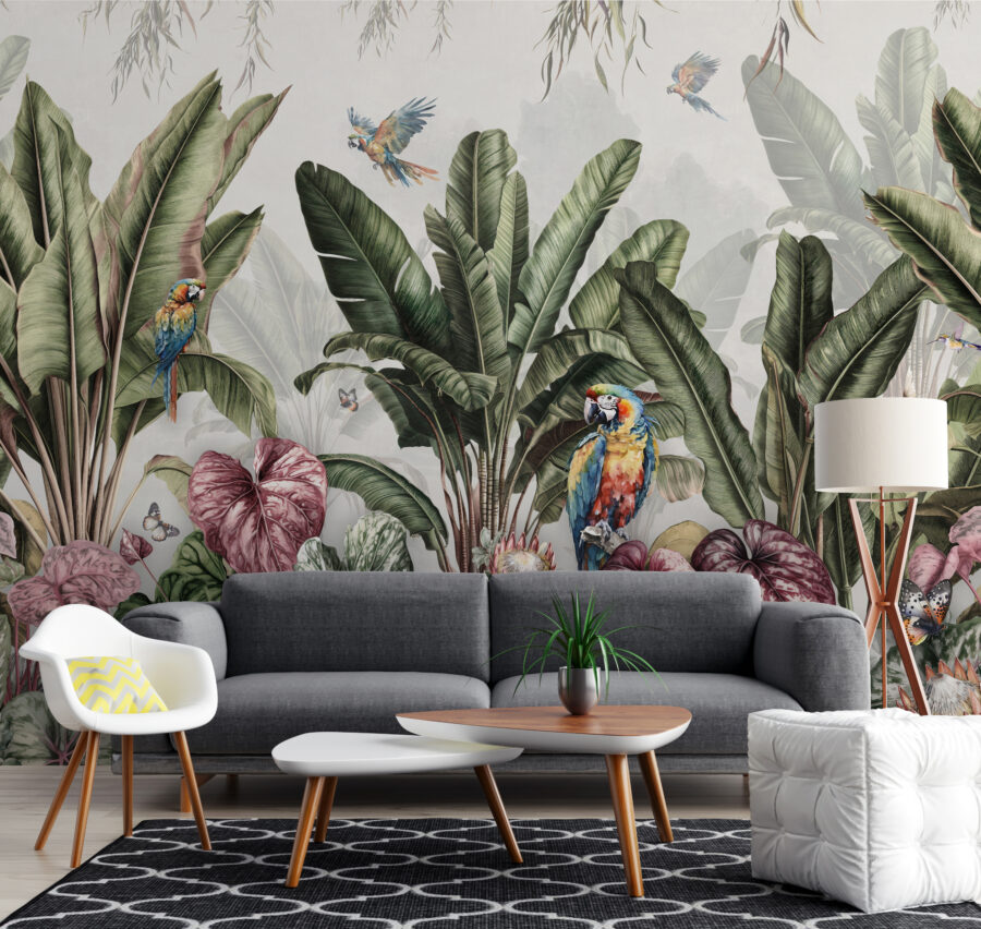 Wall murals Wallpaper with tropical plants and birds - Image 3