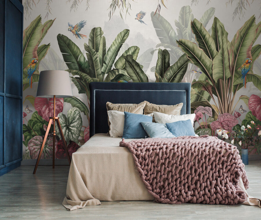 Wall murals Wallpaper with tropical plants and birds