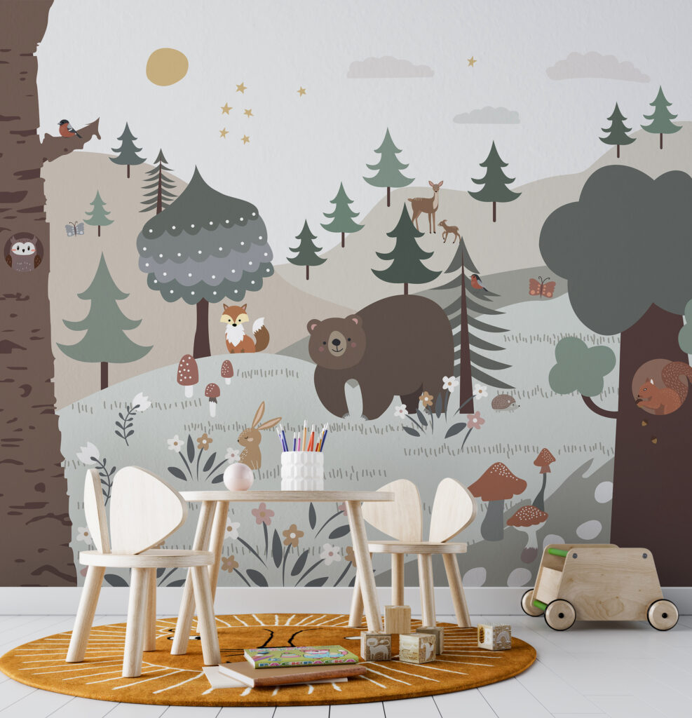 Cartoon of a bear and rabbit in a forest Cartoon of a bear and rabbit in a forest