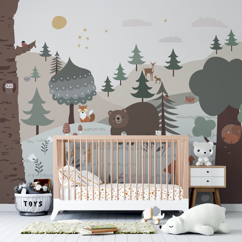 Cartoon of a bear and rabbit in a forest Cartoon of a bear and rabbit in a forest