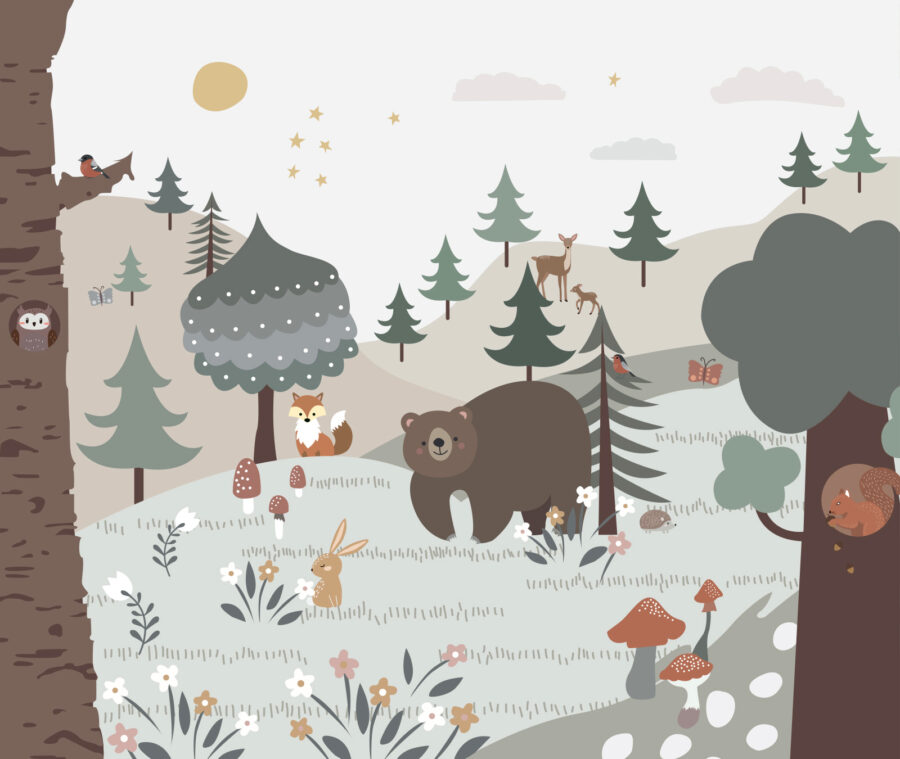 Cartoon of a bear and rabbit in a forest