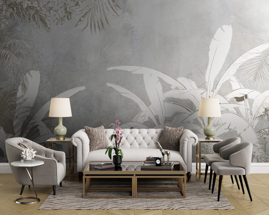 White and grey wallpaper with plants