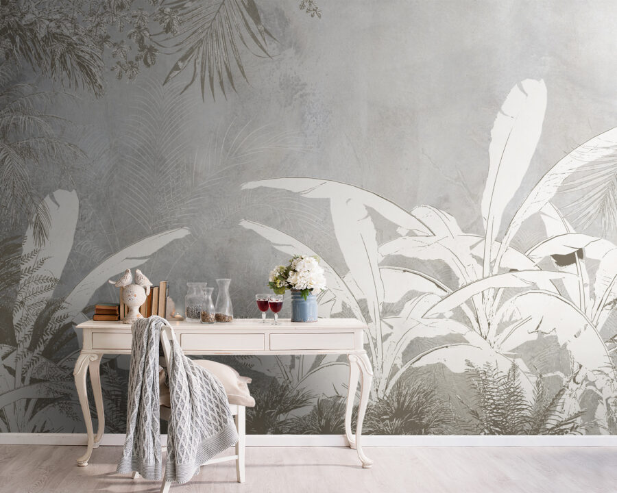 White and grey wallpaper with plants