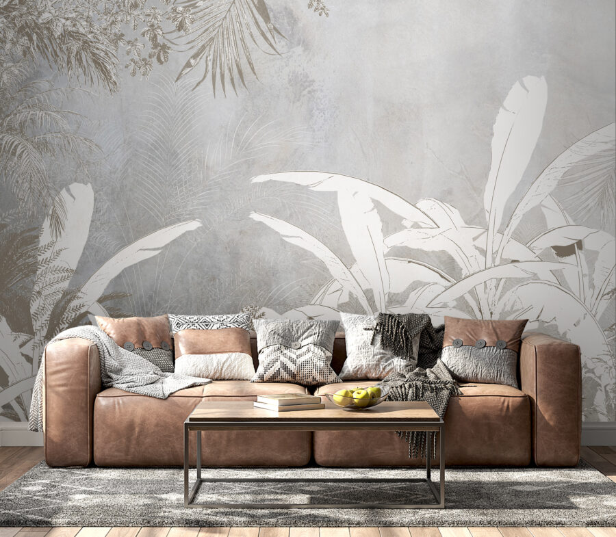 White and grey wallpaper with plants