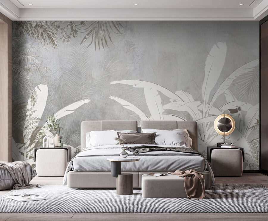 White and grey wallpaper with plants