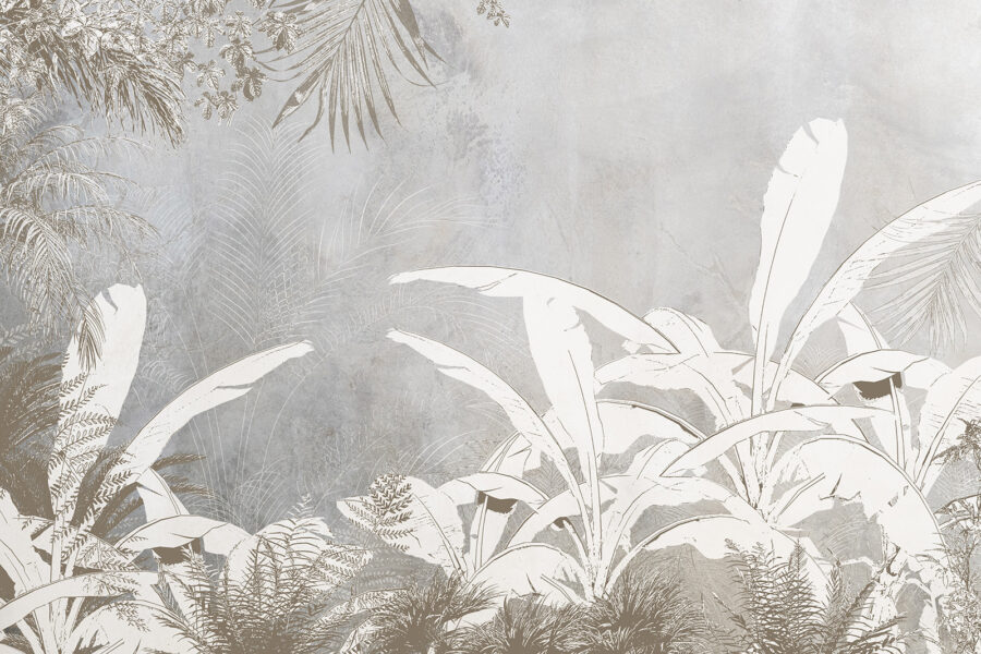 White and grey wallpaper with plants