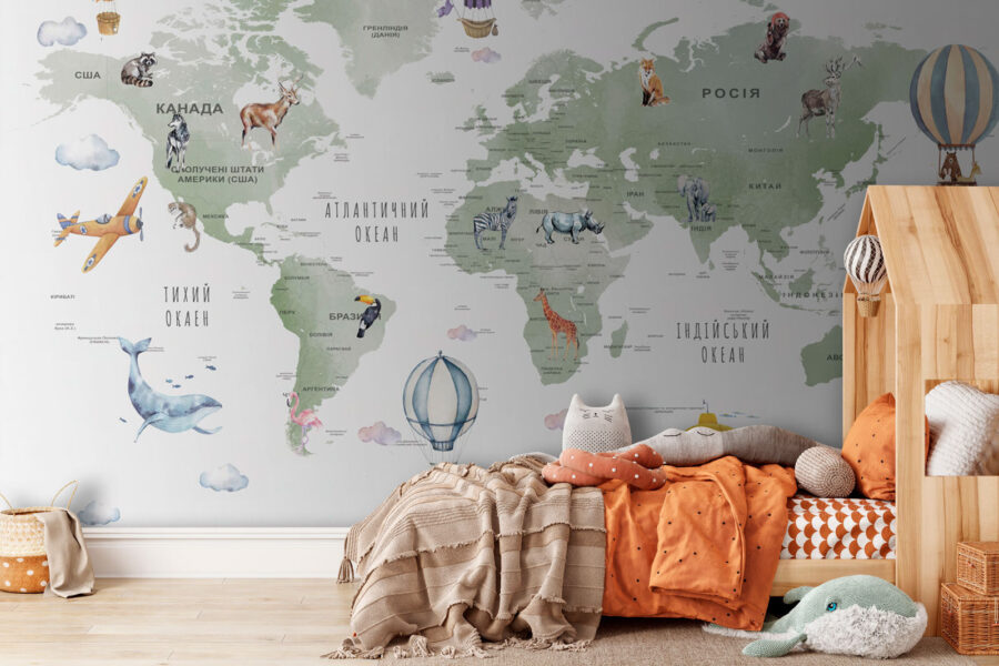 Wall murals Map of the world with animals and words - Image 3