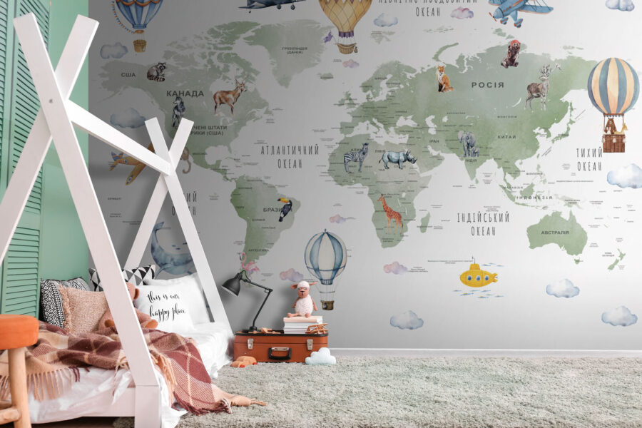 Wall murals Map of the world with animals and words - Image 2