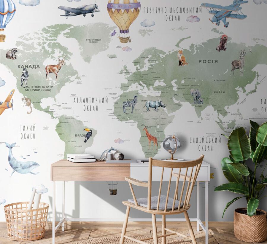 Wall murals Map of the world with animals and words
