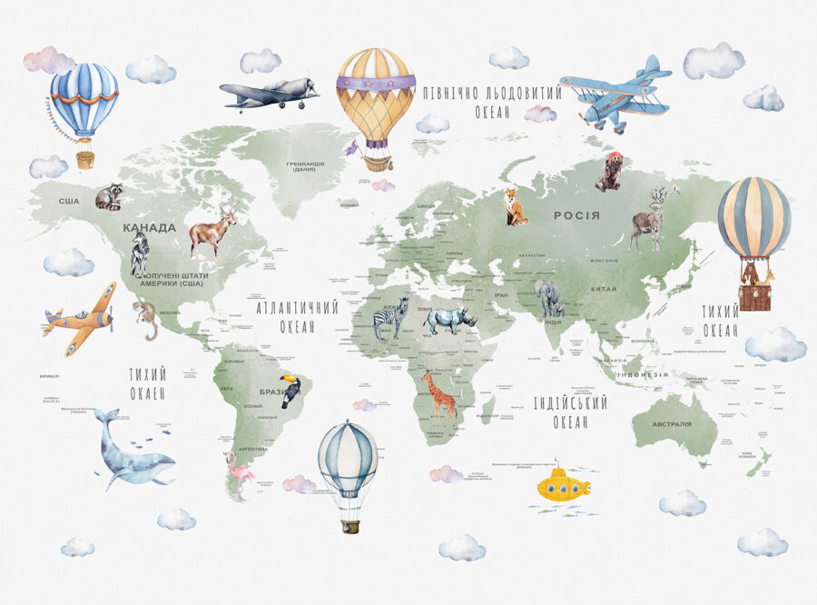 Wall murals Map of the world with animals and words - Image 4