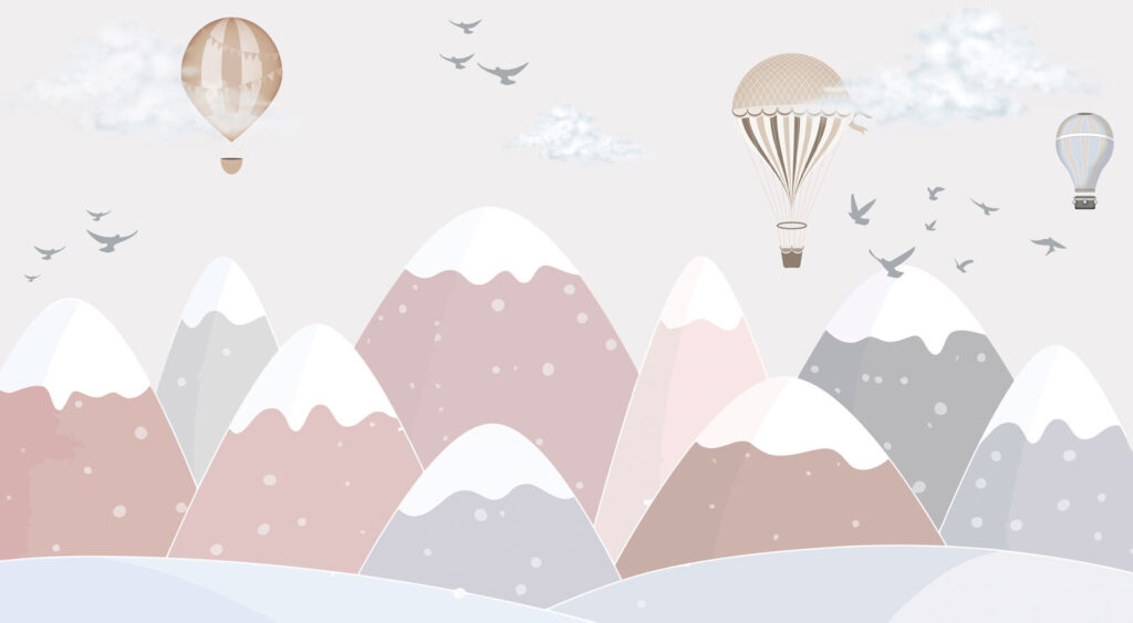 Hot air balloon flying over mountains Hot air balloon flying over mountains