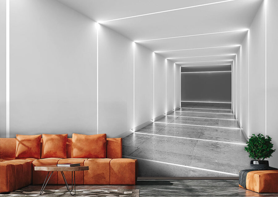 White hallway with lights White hallway with lights