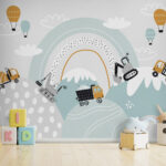 Wall murals Cartoon of vehicles and a rainbow