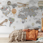 Wall murals Map of the world with animals and hot air balloons