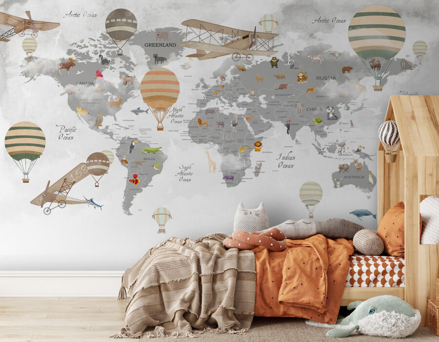 Map of the world with animals and hot air balloons