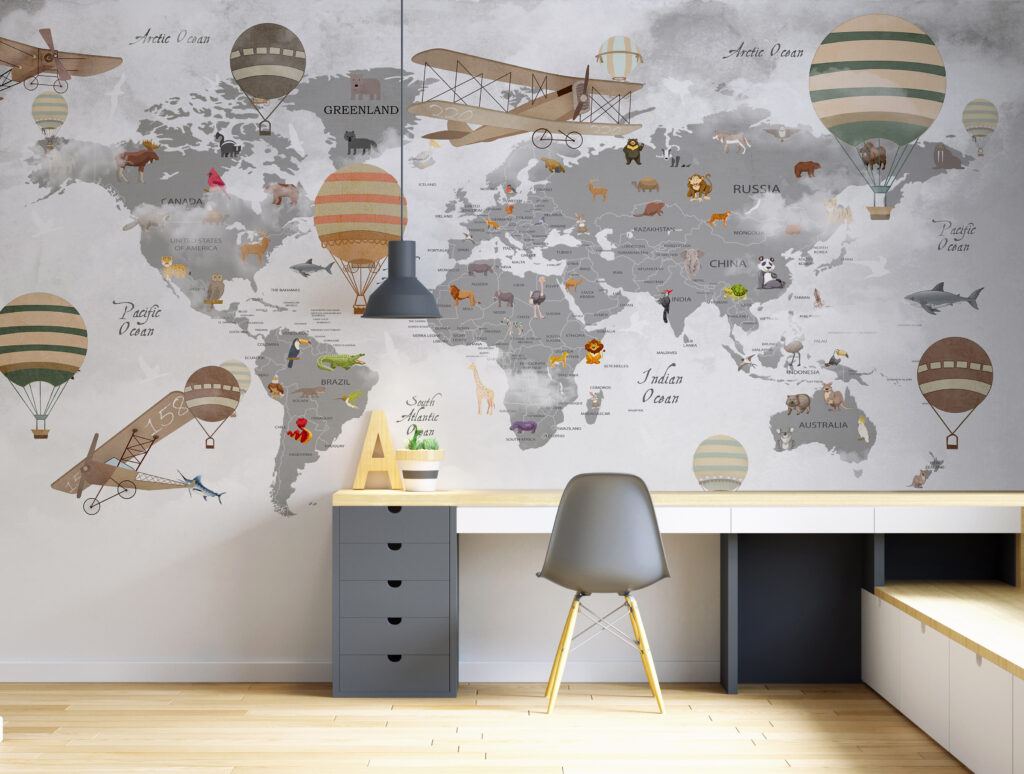 Map of the world with animals and hot air balloons Map of the world with animals and hot air balloons