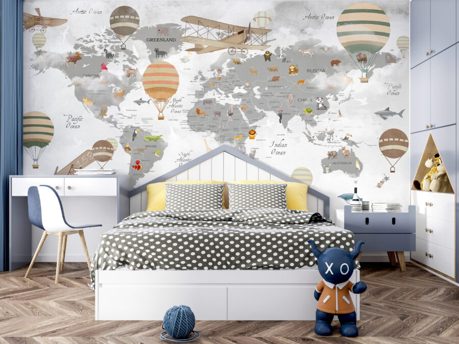 Map of the world with animals and hot air balloons