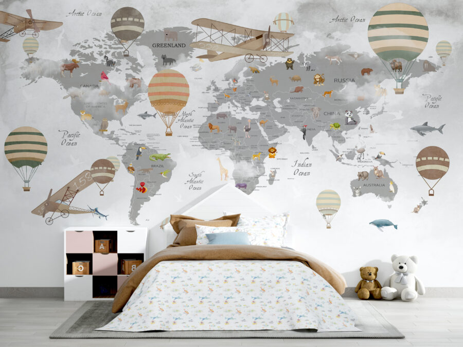 Map of the world with animals and hot air balloons