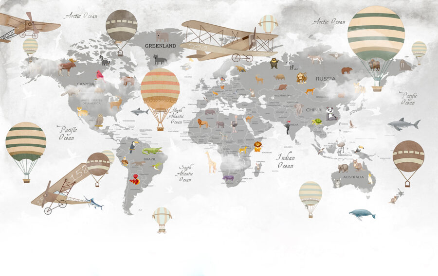 Map of the world with animals and hot air balloons