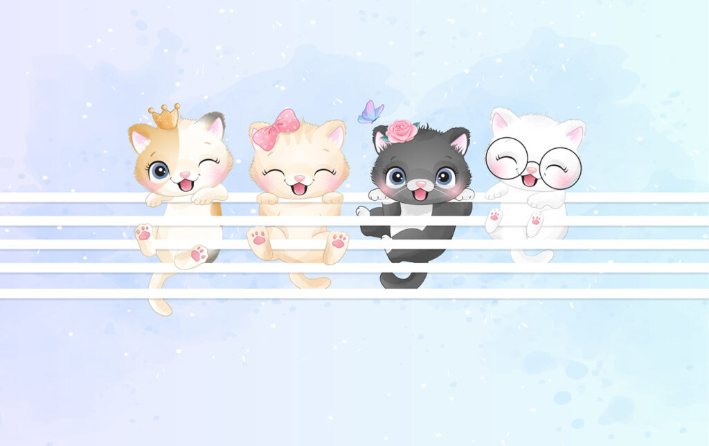 Group of kittens on a white fence Group of kittens on a white fence
