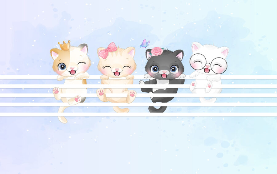 Group of kittens on a white fence Group of kittens on a white fence