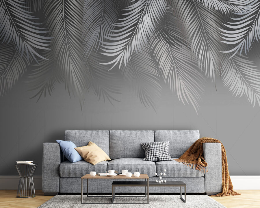 Grey and white background with leaves