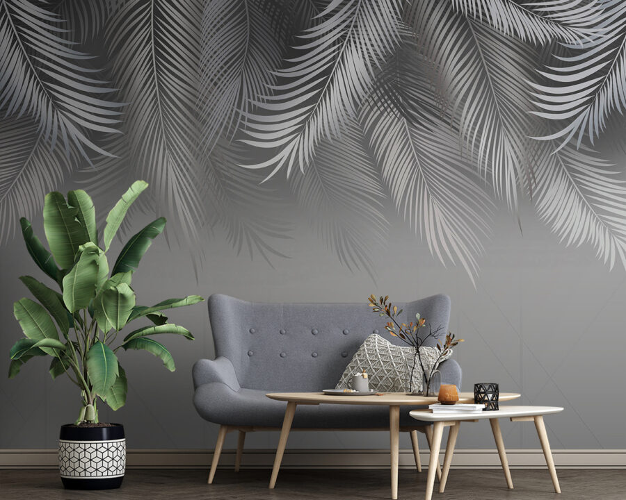 Grey and white background with leaves