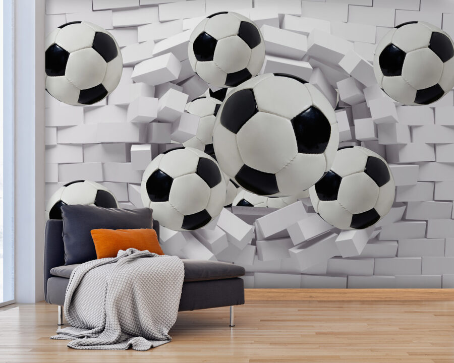 Group of football balls flying over a wall