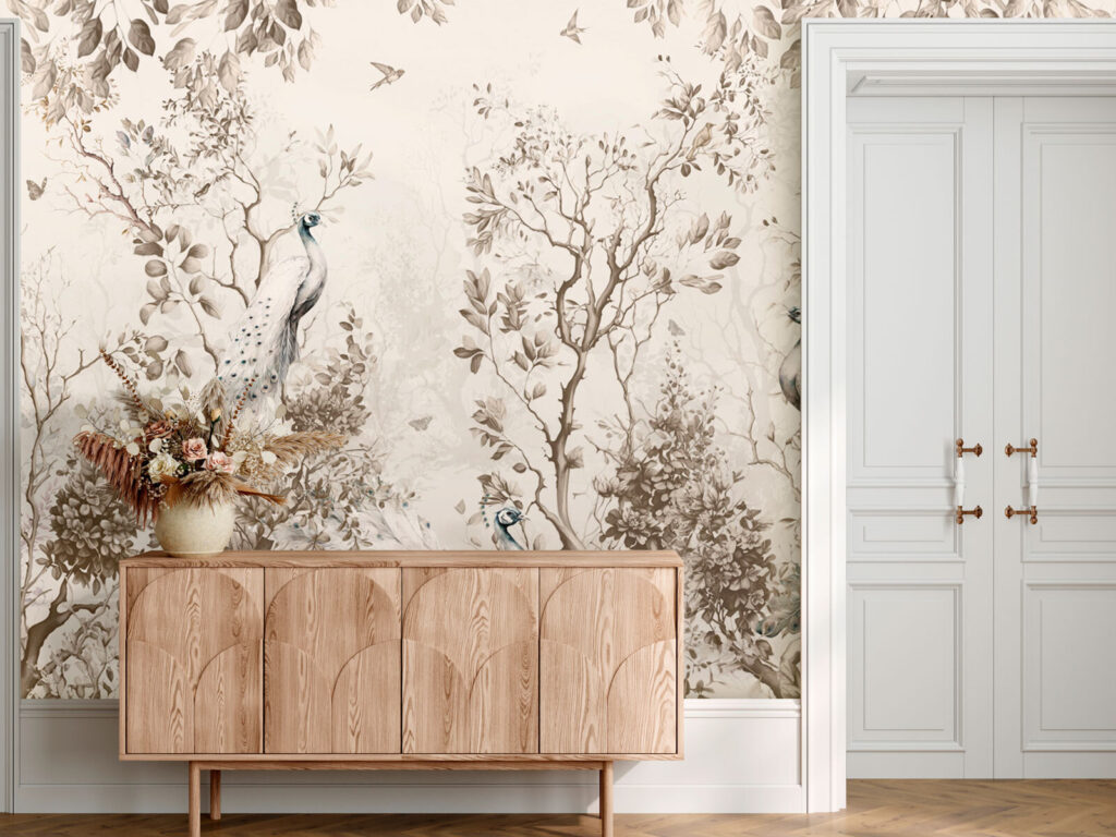 Group of white peacocks in a forest Group of white peacocks in a forest