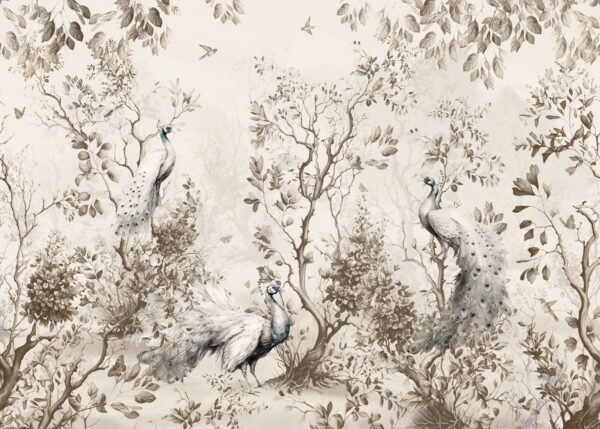 Group of white peacocks in a forest Group of white peacocks in a forest