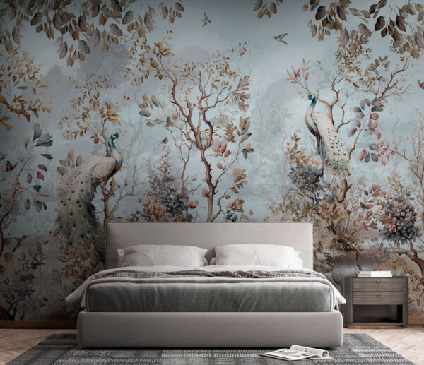 Painting of peacocks in a forest Painting of peacocks in a forest